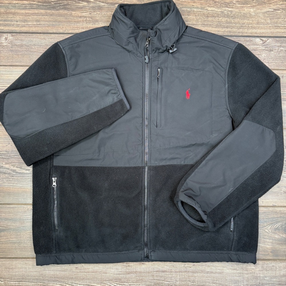 Polo Ralph Lauren Polartec Fleece Jacket Mens XL Black Hybrid Full Zip Hooded